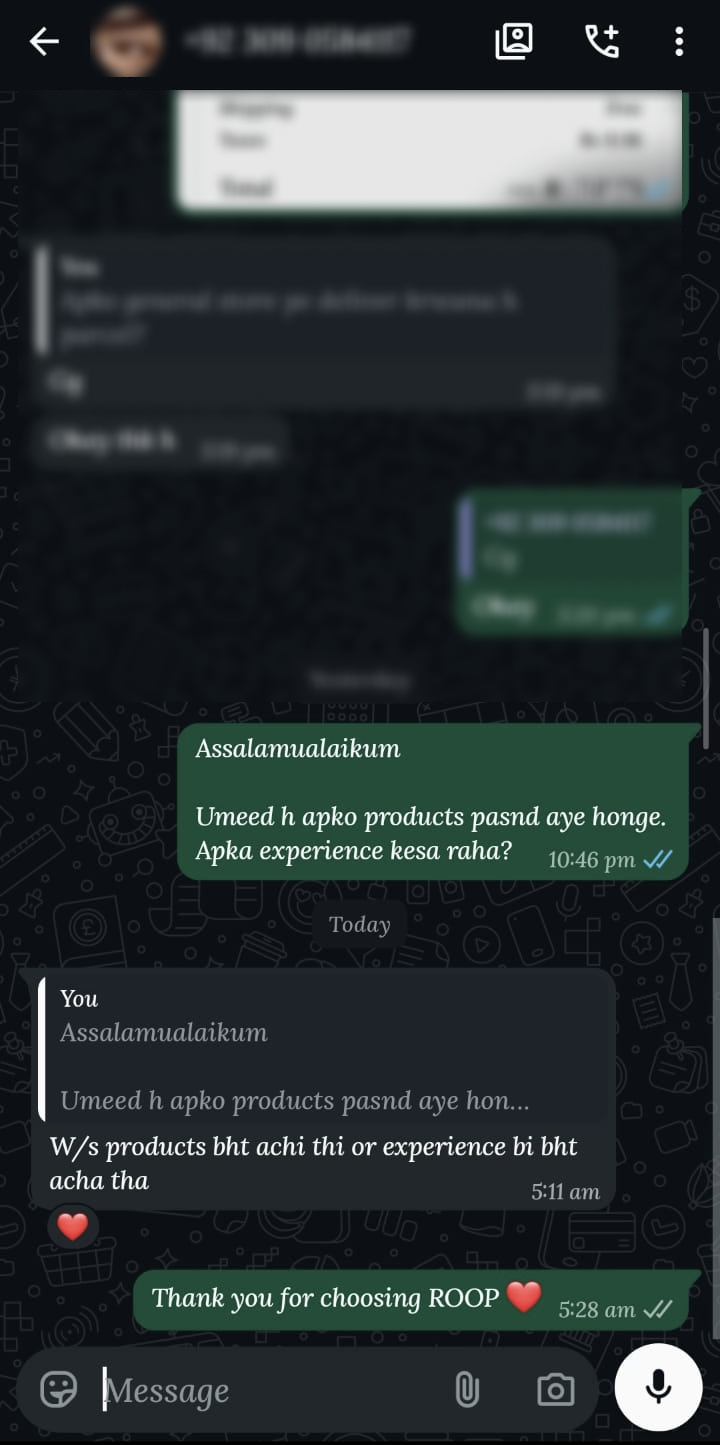 WhatsApp customer feedback screenshot