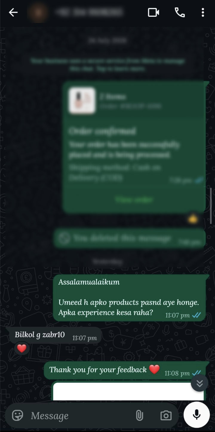 WhatsApp customer feedback screenshot