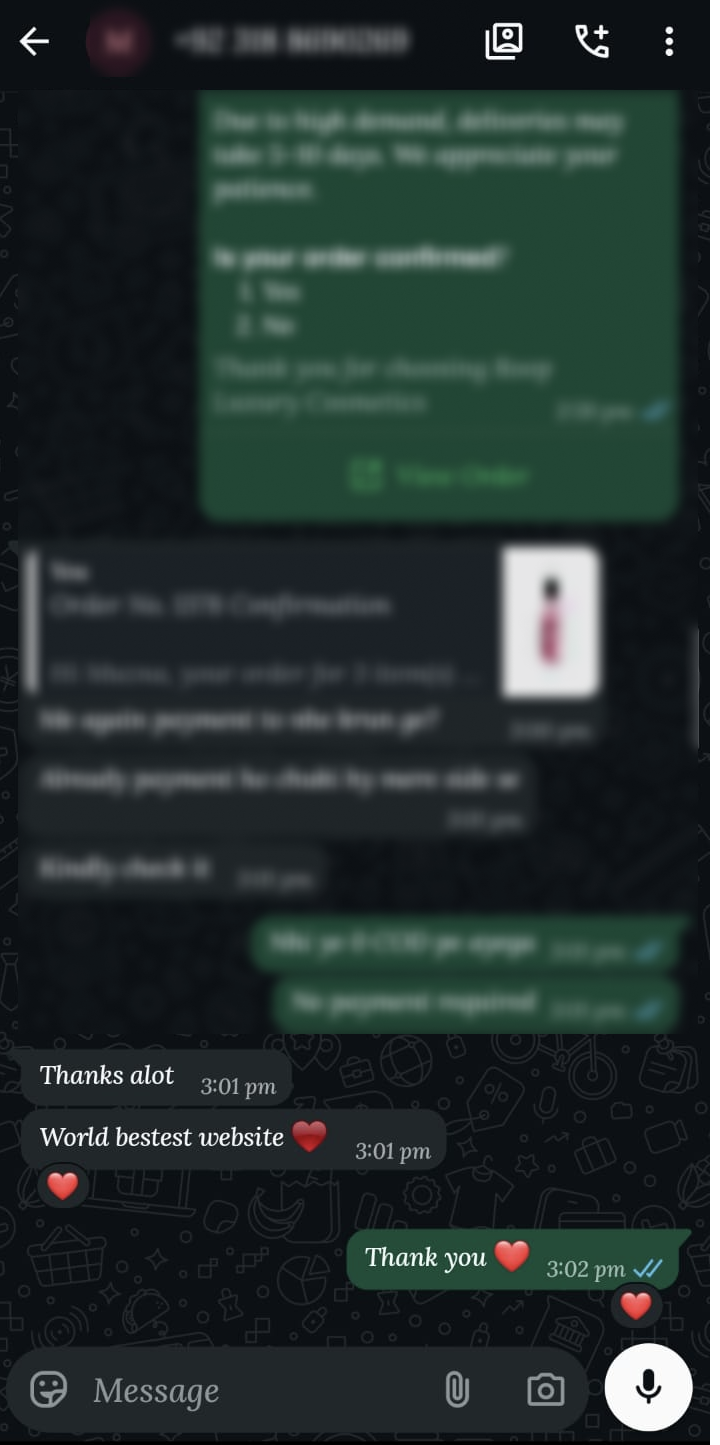 WhatsApp customer feedback screenshot