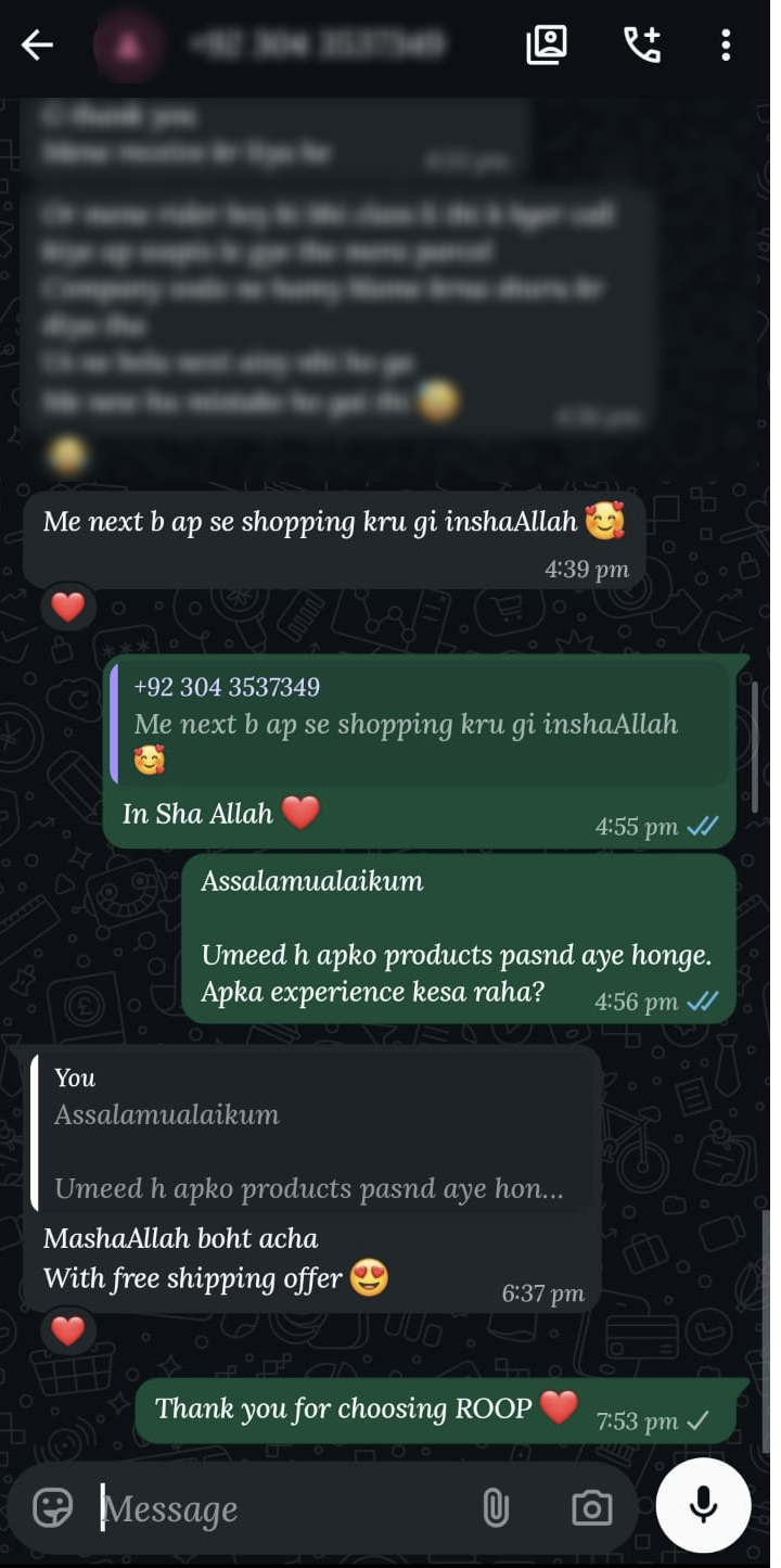 WhatsApp customer feedback screenshot