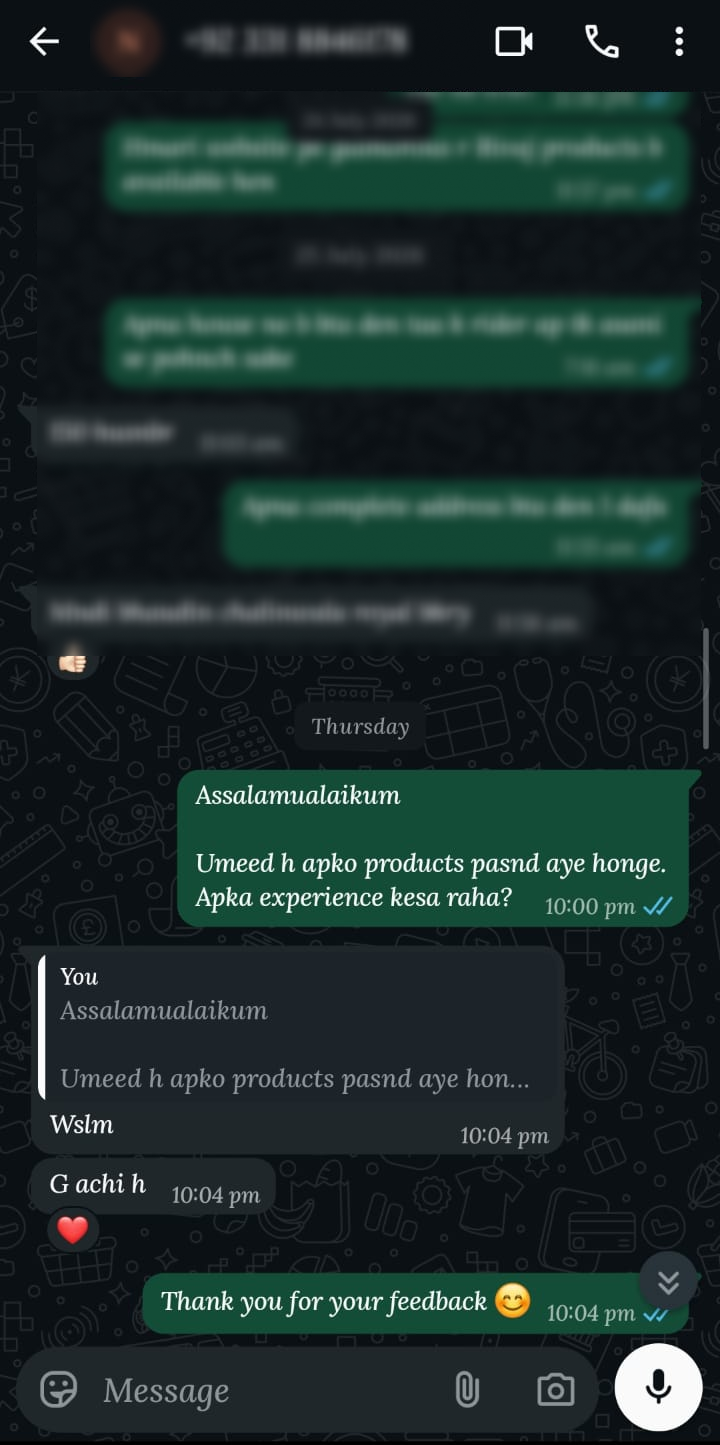 WhatsApp customer feedback screenshot