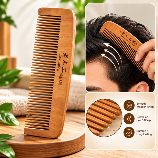Natural Wooden Fine-Tooth Comb Anti-Static Detangling Hair Comb